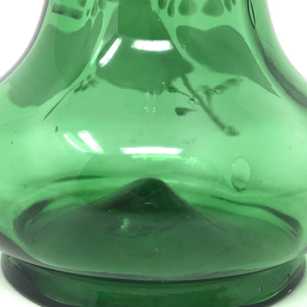 Bohemian Hand Enameled Ruffle Top Vase VTG Hand Blown Paintet Emerald Snow Glass